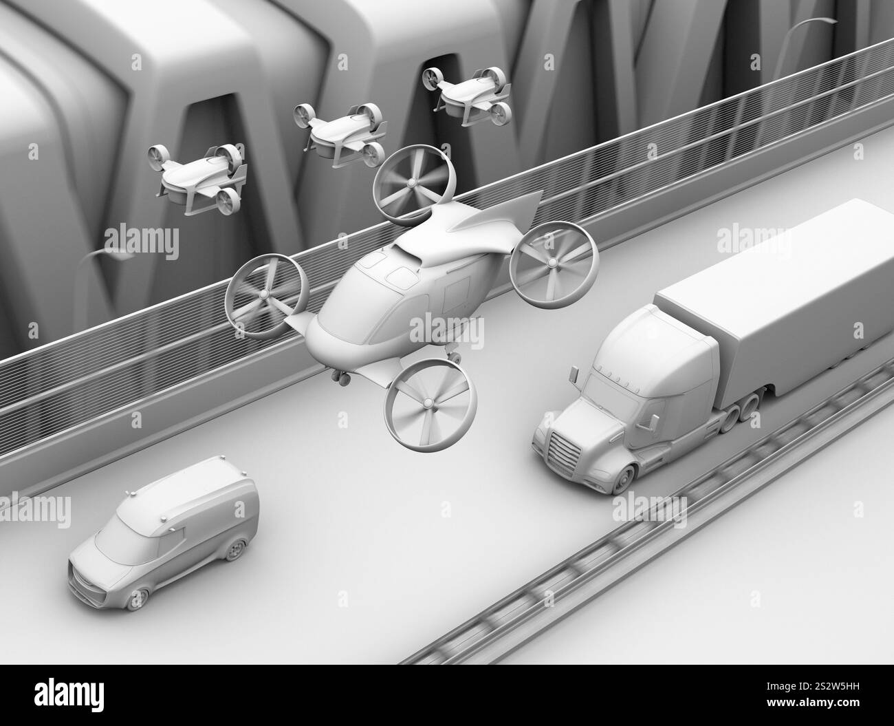 Clay gerendertes Bild eines großen Lastwagens, der auf einer Autobahn fährt, mit einem Drohnentaxi und einer Lieferdrohne am Himmel Stockfoto