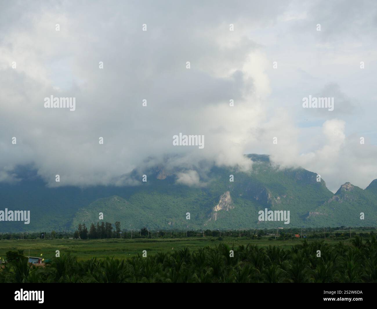 Wolken und Nebel bedecken Kalksteinberg in der Regenzeit, grüner Wald und Felsen im Khao Sam ROI Yot National Park, Thailand Stockfoto