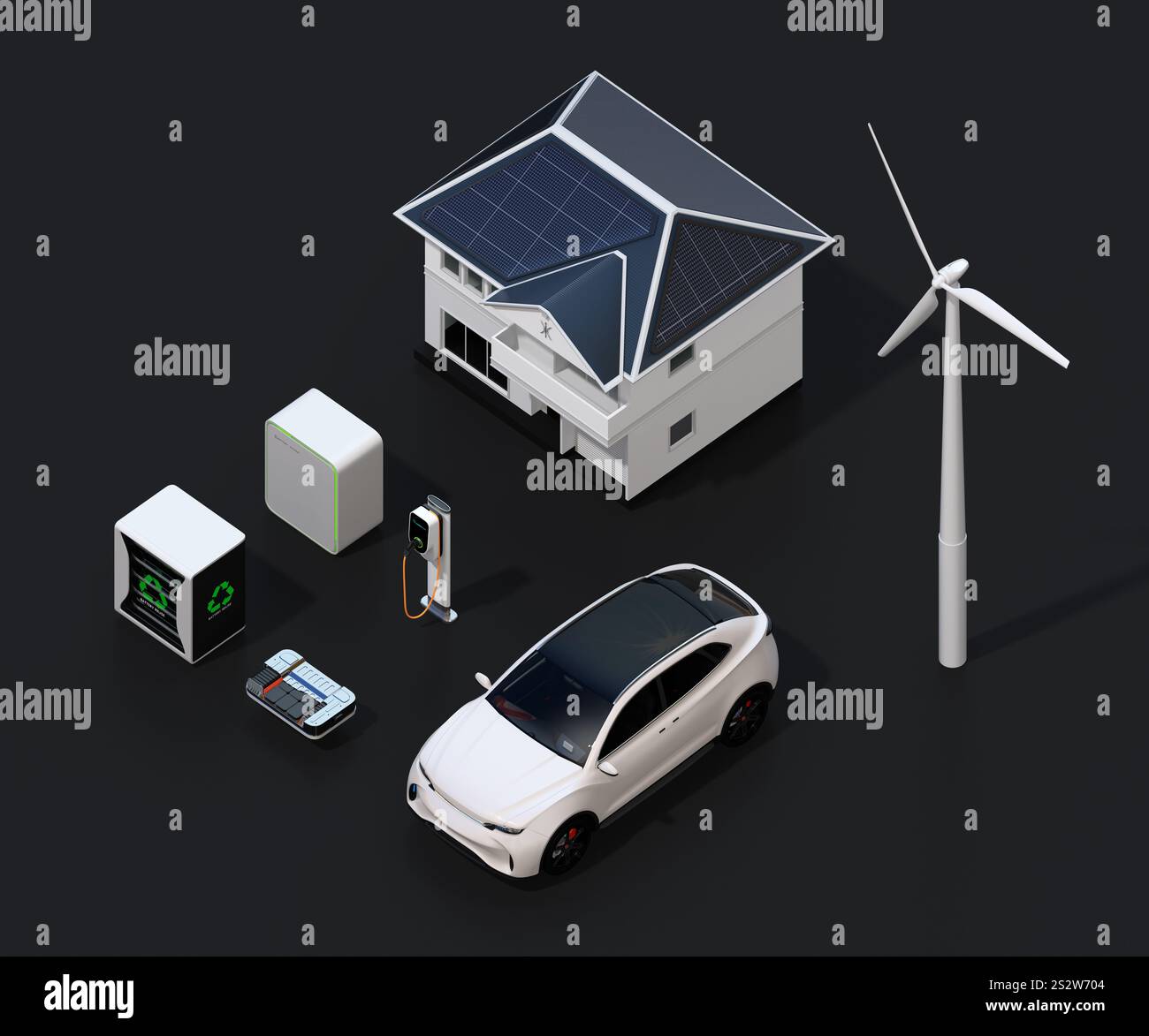Netz erneuerbarer Energien aus Solar-/Windenergie, Wiederverwendung von Elektrofahrzeugen, Elektrofahrzeugen und Ladestationen Stockfoto
