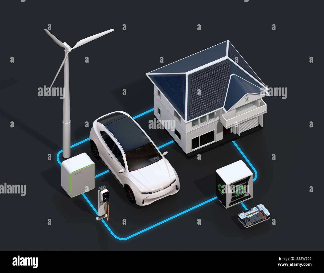 Netz erneuerbarer Energien aus Solar-/Windenergie, Wiederverwendung von Elektrofahrzeugen, Elektrofahrzeugen und Ladestationen Stockfoto