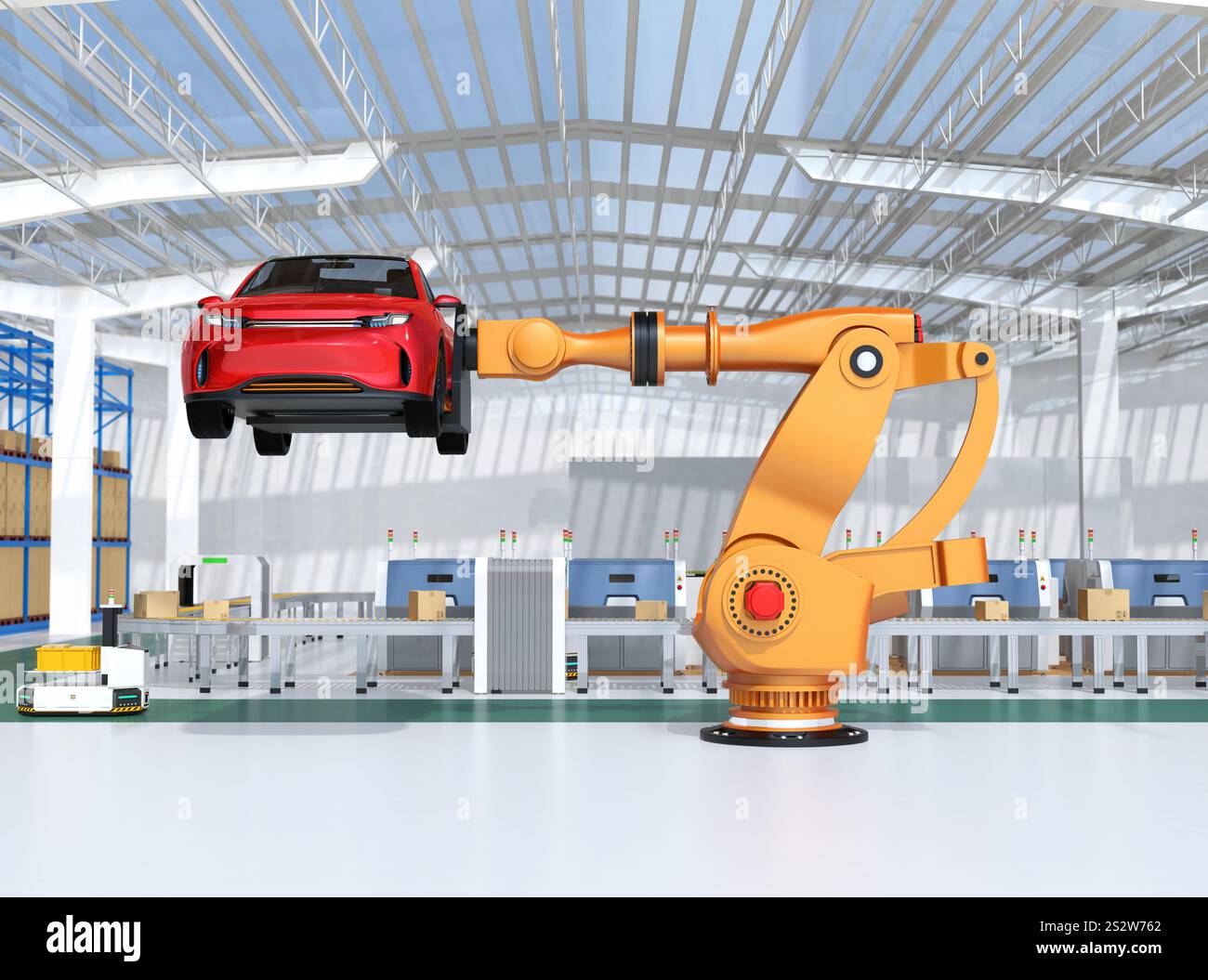 Bild eines großen Industrieroboters, der einen roten SUV mit einer intelligenten Fabrik im Hintergrund transportiert. Viertes Konzept der industriellen Revolution. Stockfoto