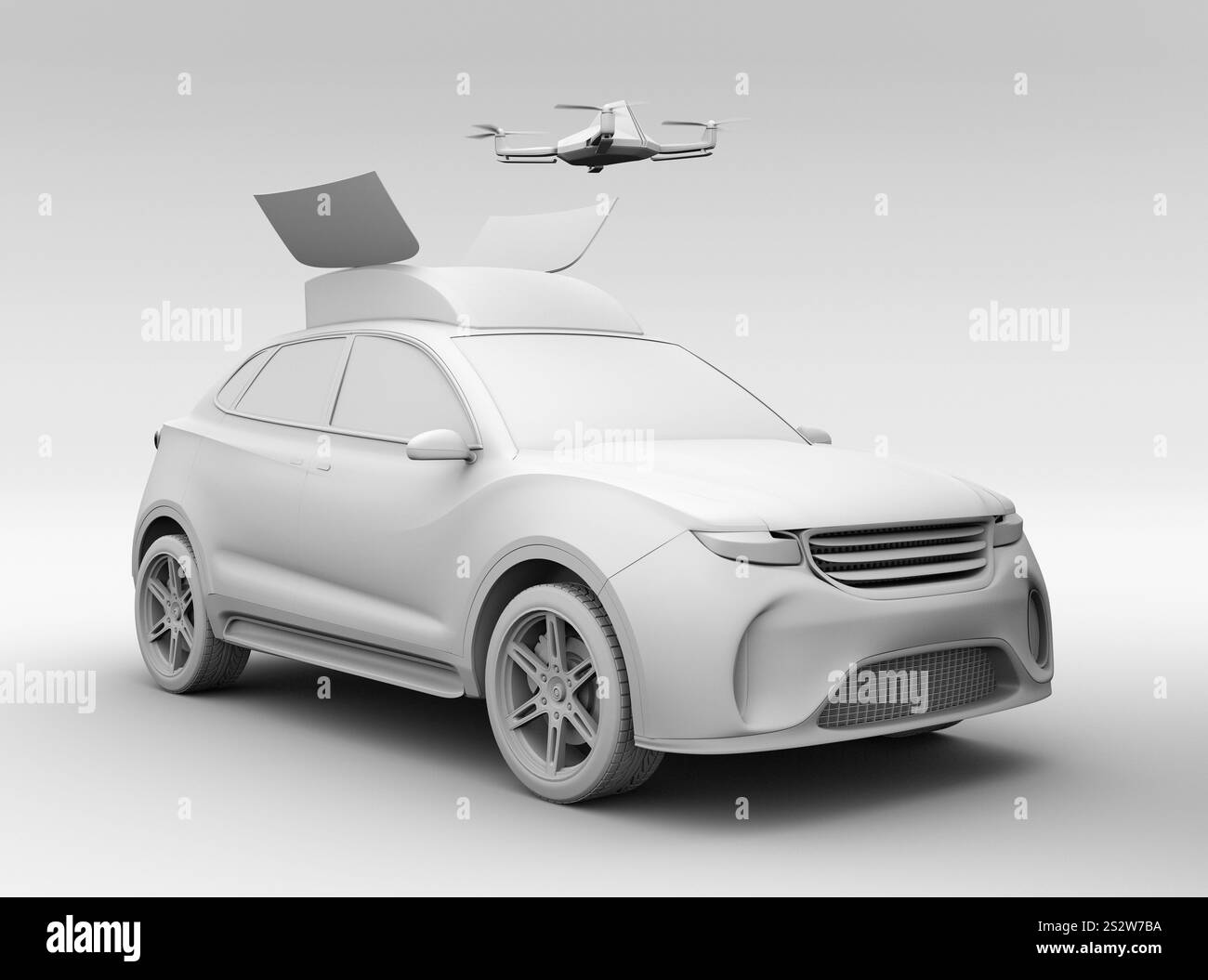 Ton-Rendering-Bild einer Suchdrohne, die von einem Katastrophenschutzwagen startet und landet Stockfoto