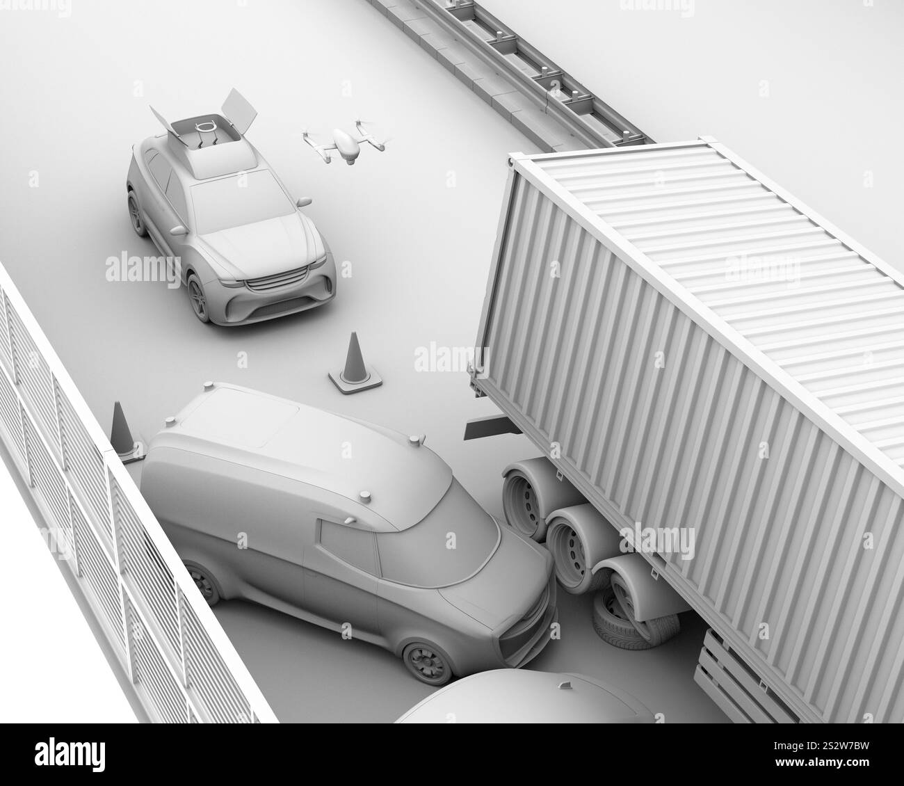 Clay-Bild einer Drohne, die von einem Rettungs-SUV wegflog, um einen Verkehrsunfall zu untersuchen Stockfoto