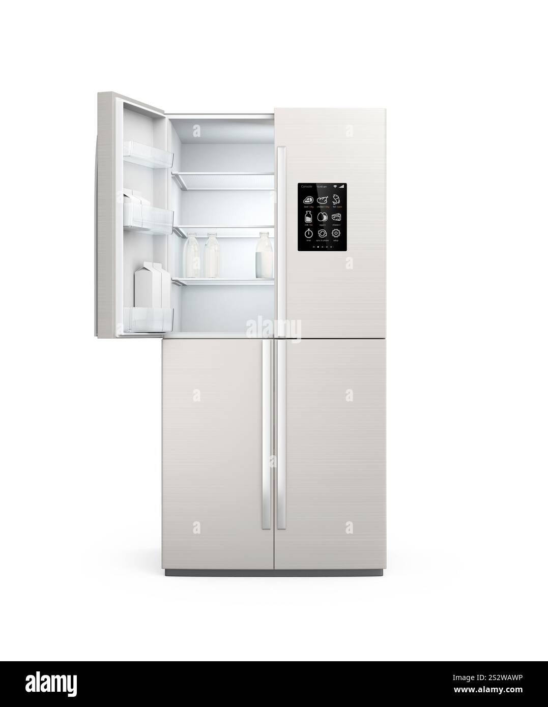 Smar Kühlschranktür mit offenem Touchscreen und leerer Milchflasche sichtbar Stockfoto