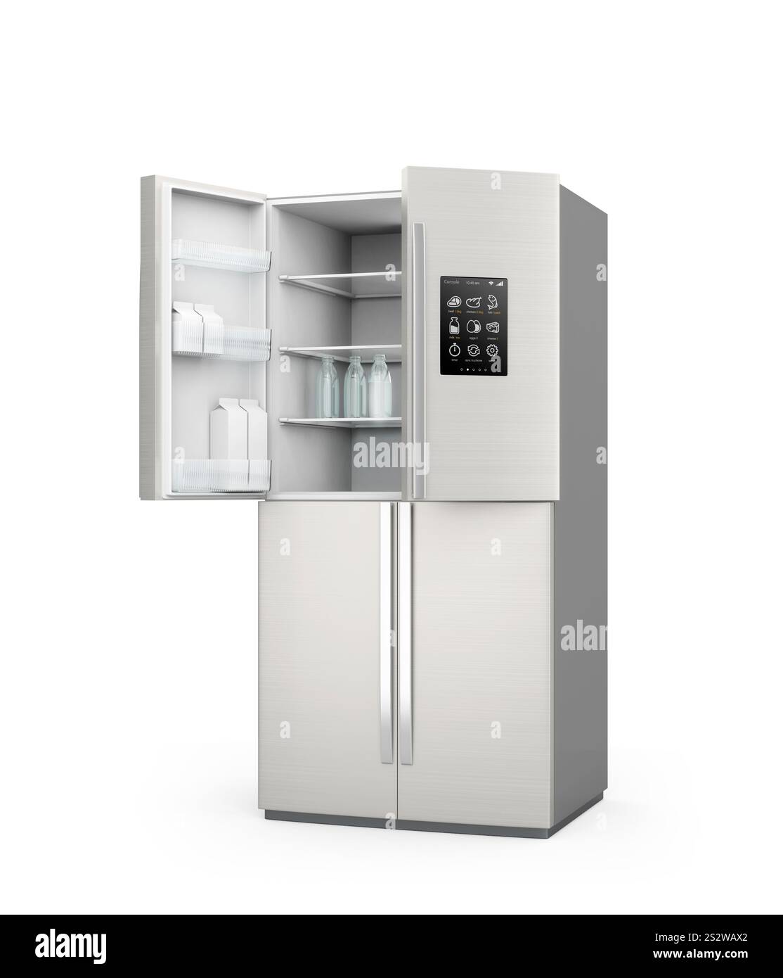 Smar Kühlschranktür mit offenem Touchscreen und leerer Milchflasche sichtbar Stockfoto