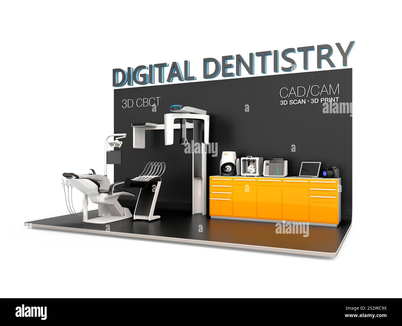 Gemeinsame Nutzung und Verknüpfung von Daten über Dentaleinheiten, CT-Scanner und 1D-Drucker, Digital Dentistry Concept. Stockfoto
