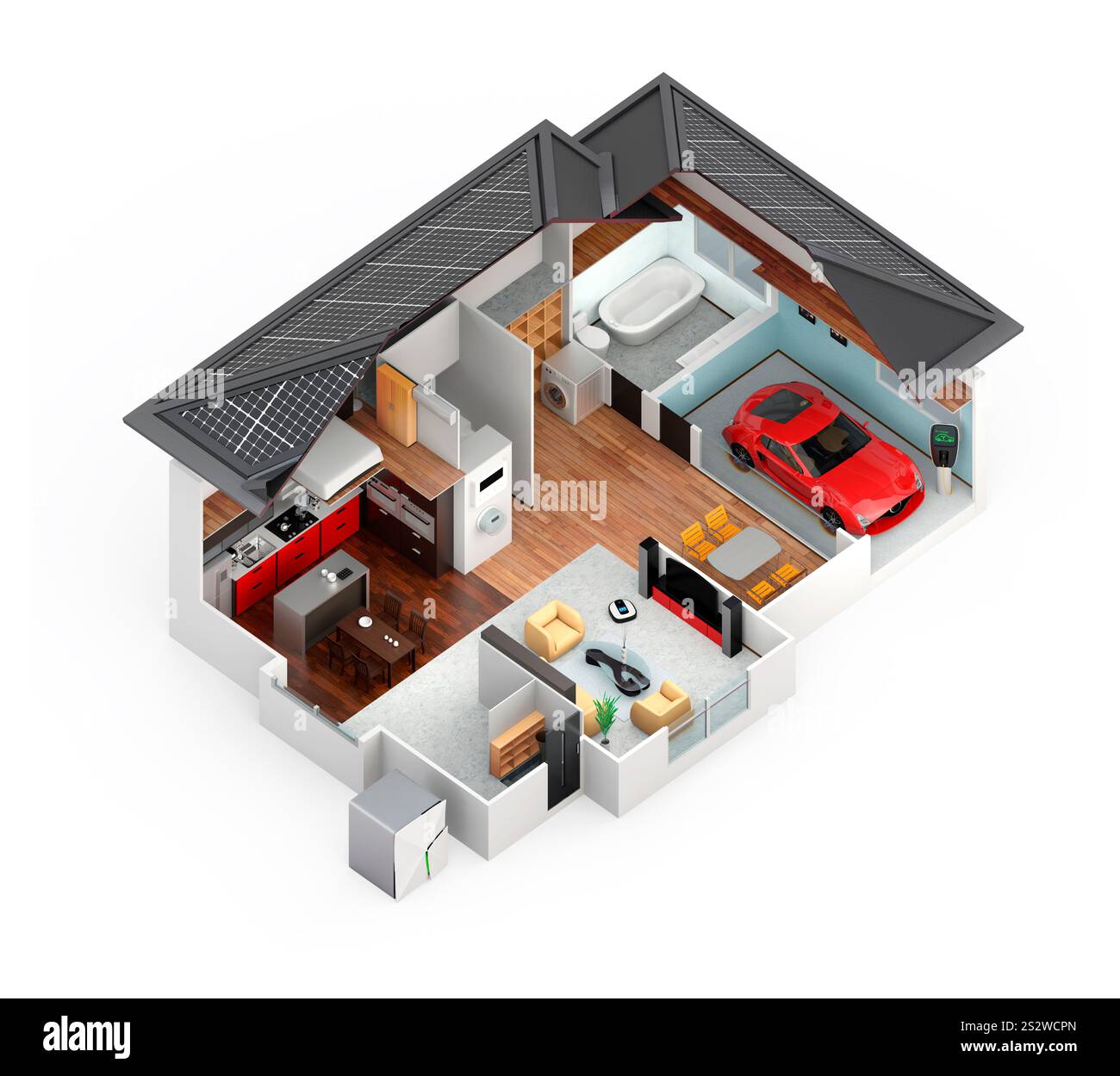 Smart-Home-Innenraum. Ein geringerer Energieverbrauch durch energiesparende Geräte kann die Umweltbelastung verringern Stockfoto