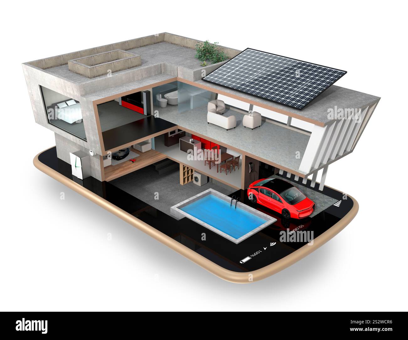 Energiesparendes Smart Home auf einem Smartphone. Energiemanagement-Konzept für Zuhause mit Smartphone-App. Stockfoto