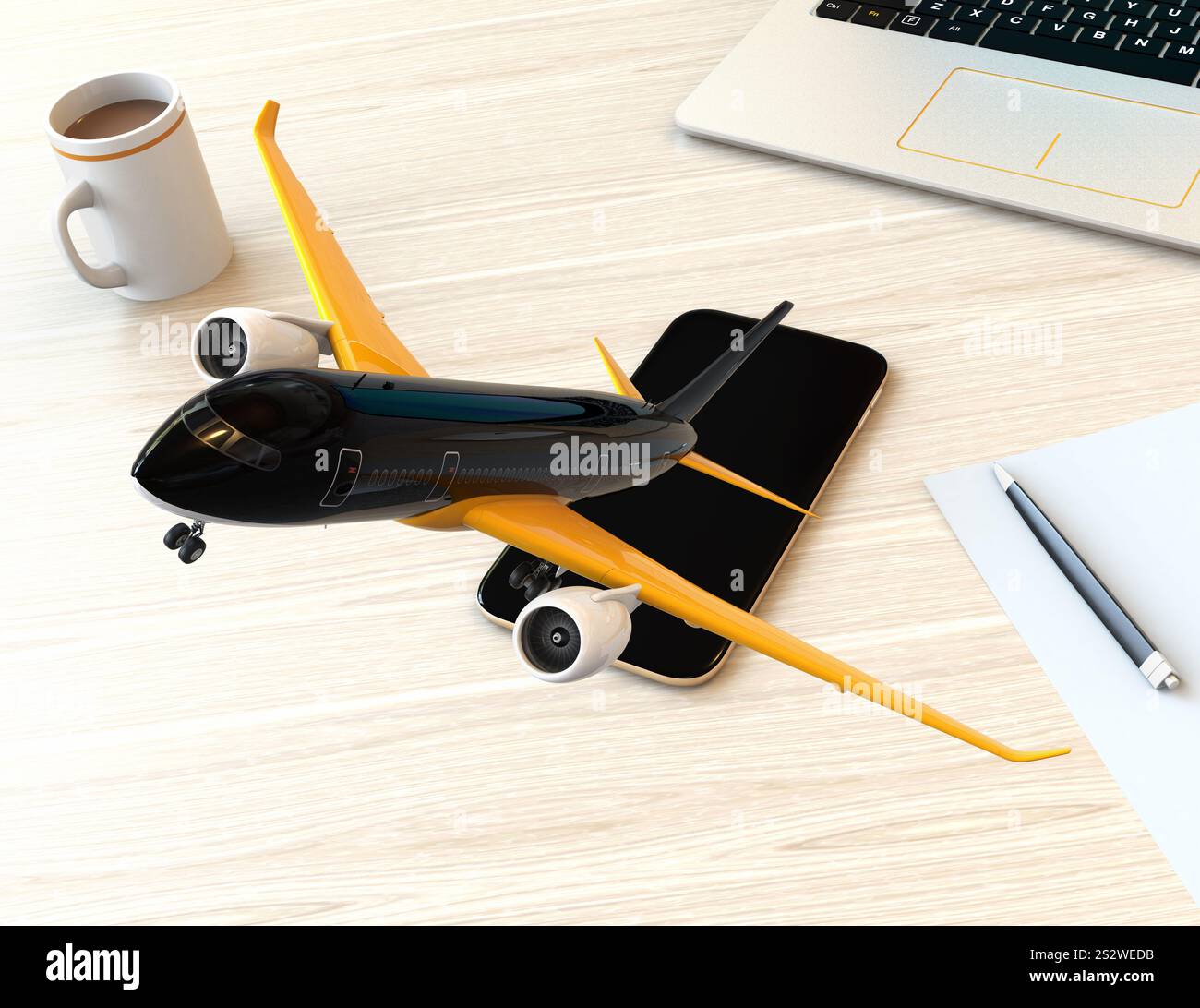 Ein Flugzeug startet von einem Smartphone auf einer Tischplatte. Mobiles Check-in-Konzept Stockfoto