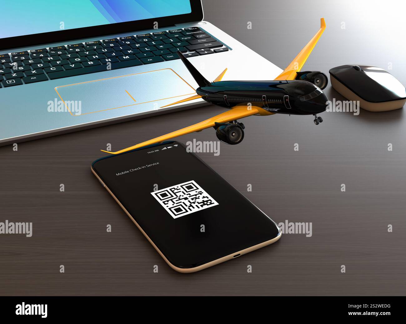 Ein Flugzeug startet von einem Smartphone auf einer Tischplatte. Mobiles Check-in-Konzept Stockfoto