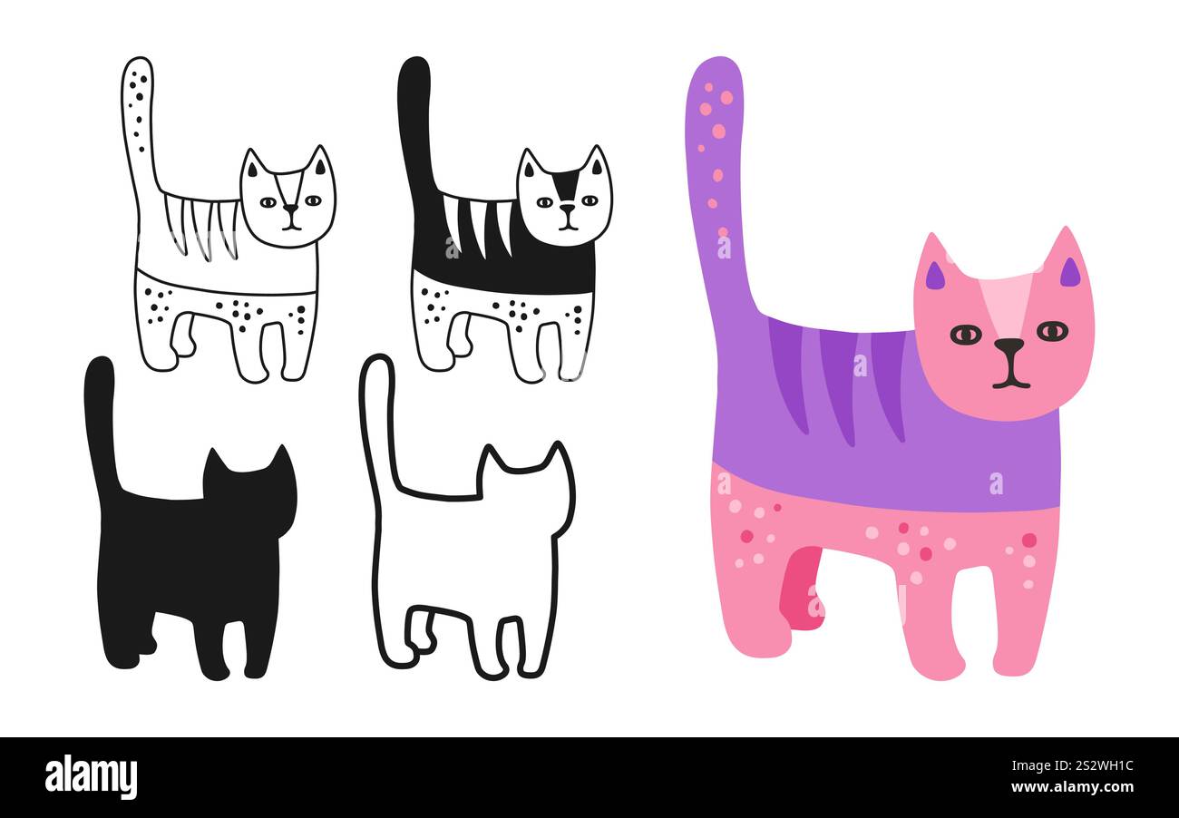 Katzensymbol Zeichentrickset. Abstraktes, handgezeichnetes Kätzchen, lineares Symbol. Stilvolle, niedliche Kinderkollektion mit Tieremblem. Einfache Schilderkritzelung oder Silhouette lustige Katzen Clipart. Vektor-isolierte Abbildung Stock Vektor