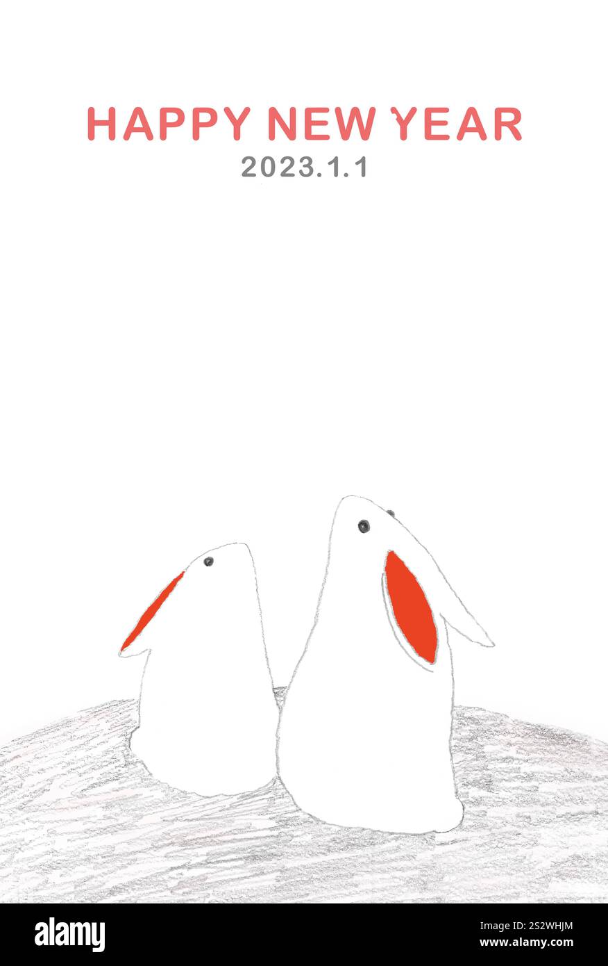 Niedliche weiße Kaninchen Neujahrskarte Illustration mit weißem Hintergrund, 2023 - 2023 Stockfoto