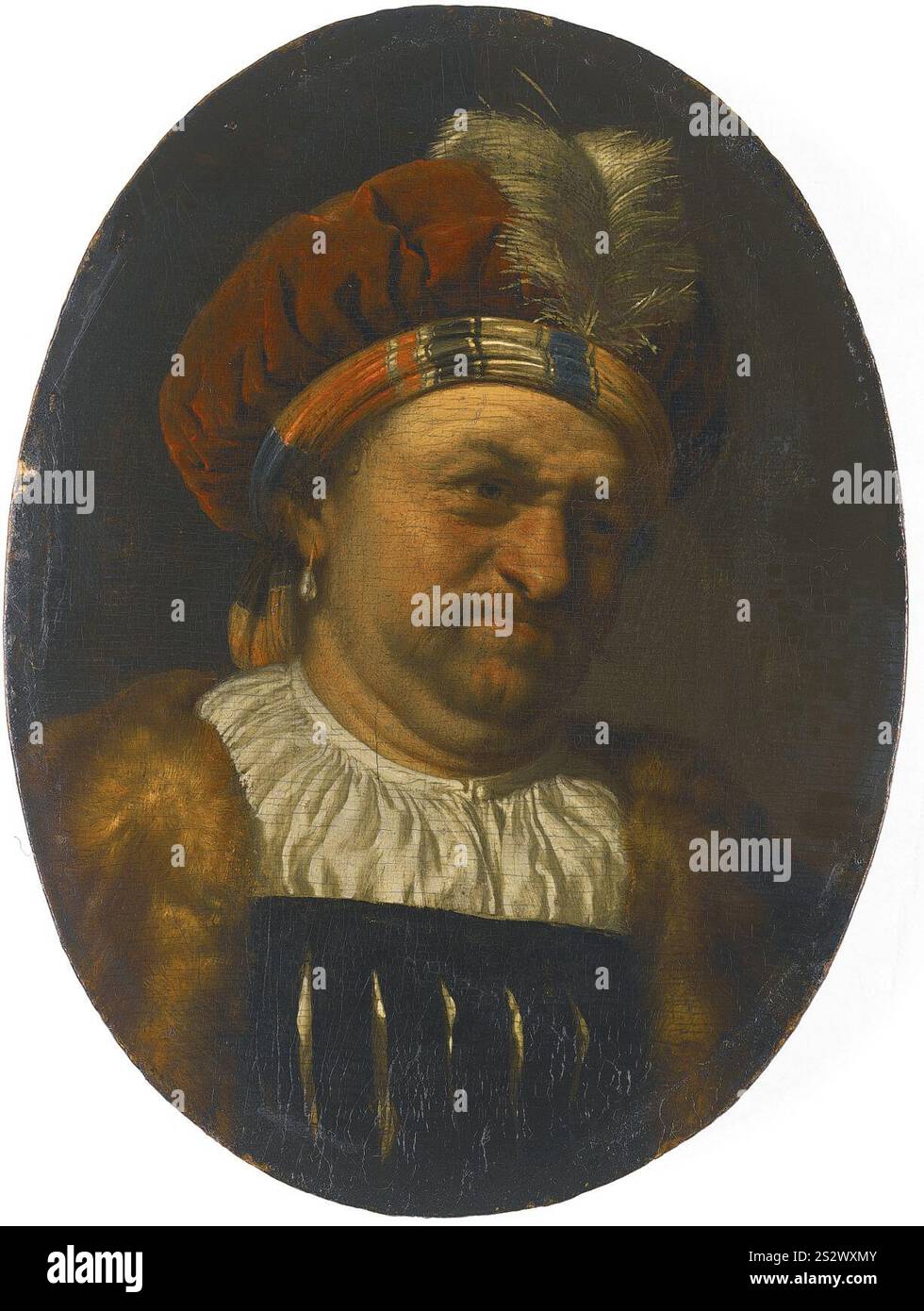 Frans van Mieris der ältere - Ein trockenes Selbstporträt des Künstlers, Brustlänge, mit einem Turban mit Feder gekrönt, und mit Fellbesatz besetztem Gewand, Lot 6, Naumann 70. Stockfoto