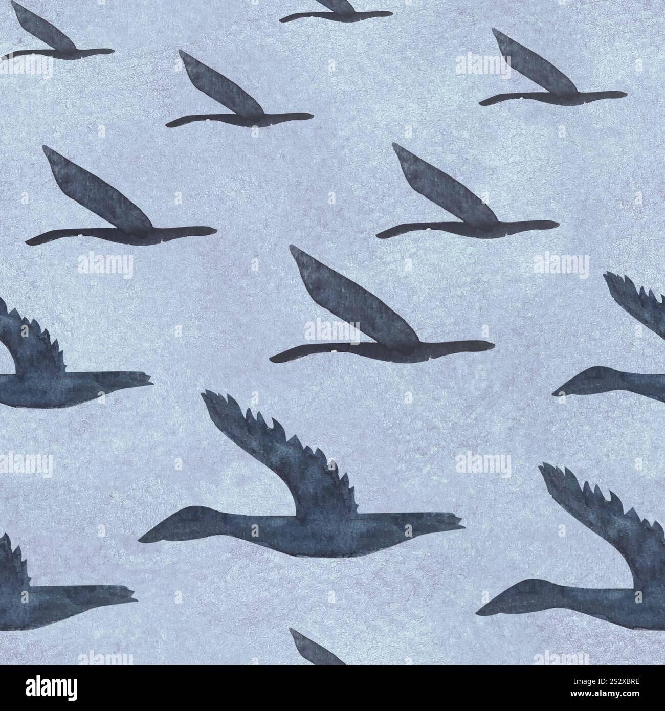 Fliegende Vögel, nahtloses Muster der Ges auf blauem Hintergrund. Hochwertiges handgezeichnetes Aquarell einfache flache Illustration für Landschaften, Scrapbooking Stockfoto