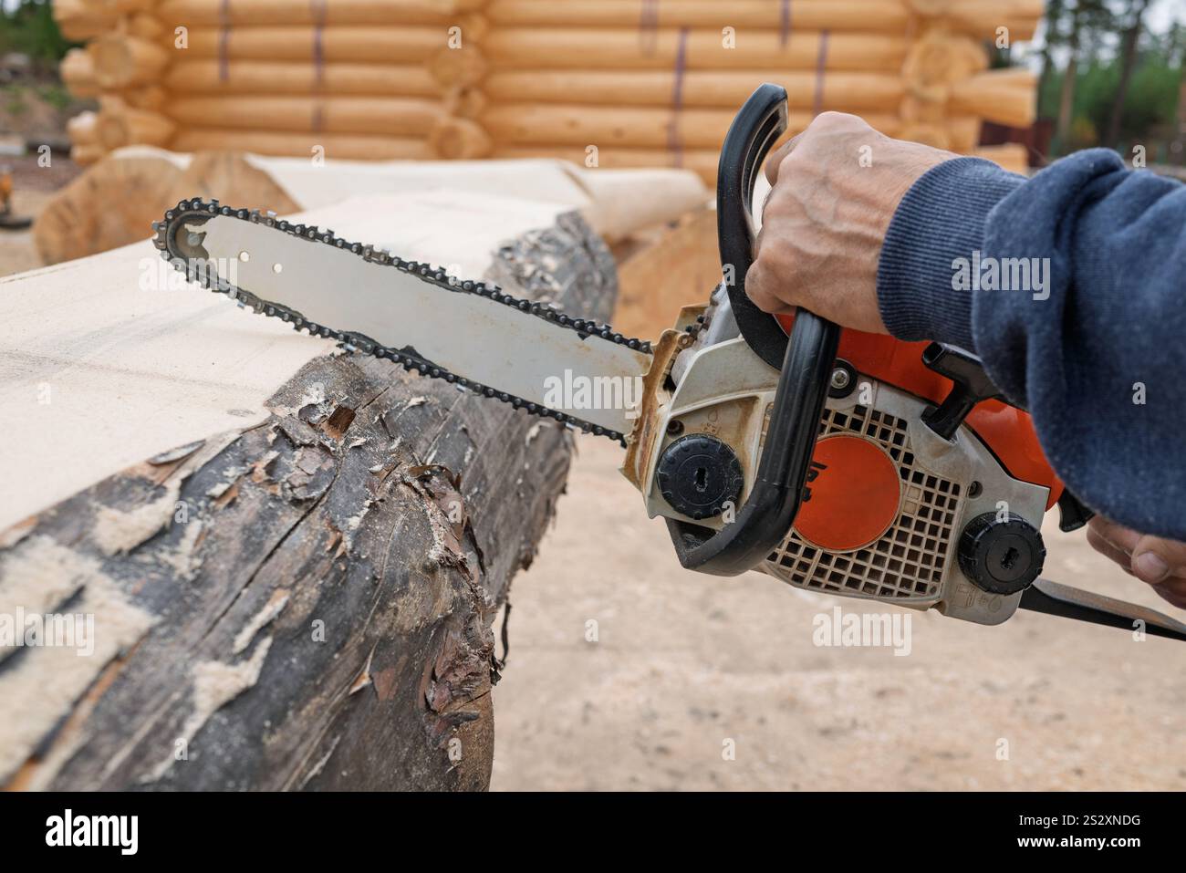 Ein professioneller Holzfäller sägt Baumstämme, hält eine Kettensäge in der Hand, um ein Holzhaus zu bauen. Die Baustelle eines Holzhauses. Stockfoto