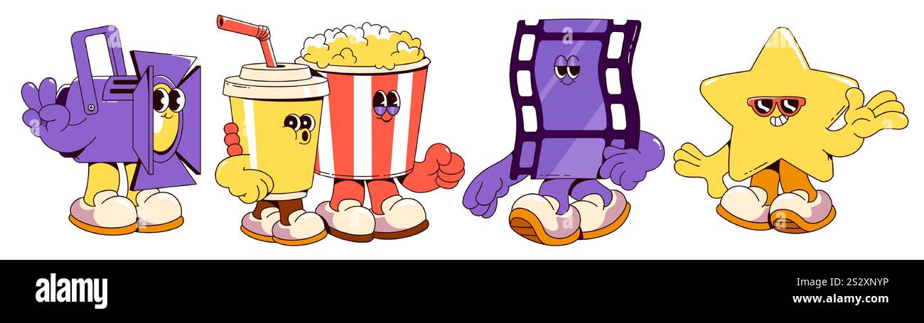 Grooviges Kino-Maskottchen – fröhliches Spotlight, Getränketasse, Popcorn-Eimer, Filmstreifen und Star-Star in Retro-Schuhen. Filmfiguren mit ausdrucksstarken Gesichtern und freundlichen Gesten. Stock Vektor