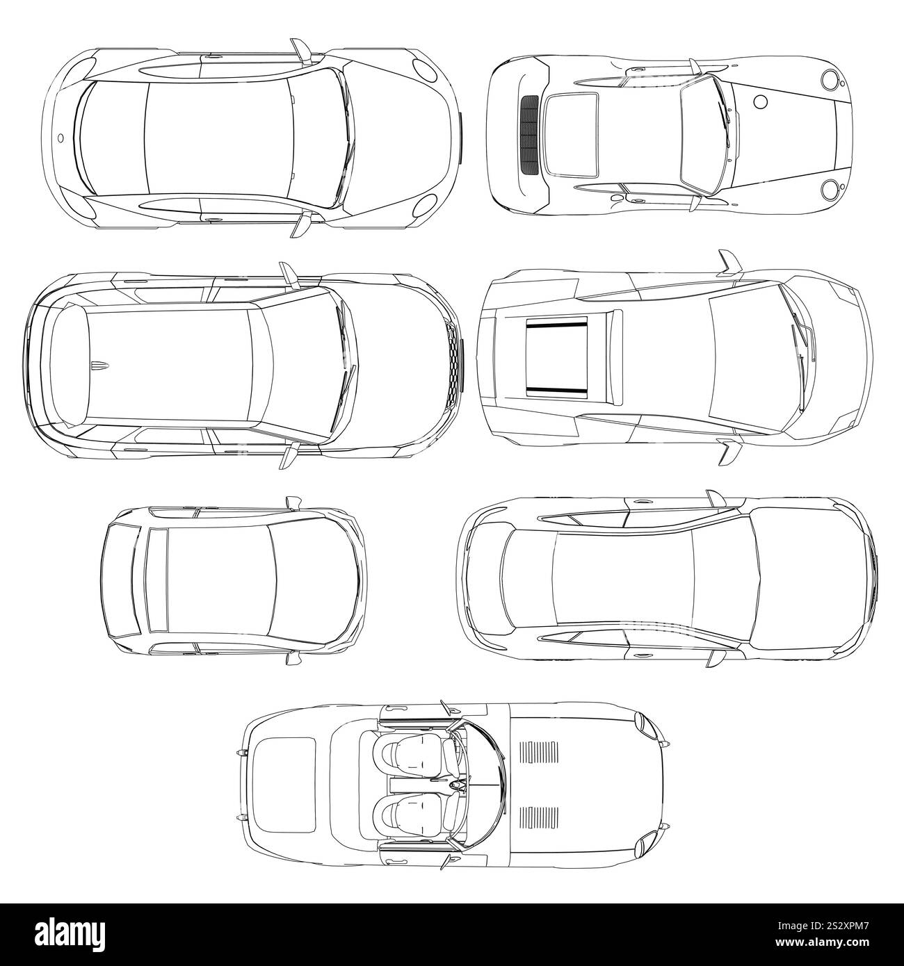 Der Satz von Fahrzeugzeichnungen wird in einem Raster angezeigt, wobei jedes Fahrzeug ein anderes Design hat. Die Szene ist kreativ und phantasievoll, denn die Autos sind nicht real Stock Vektor