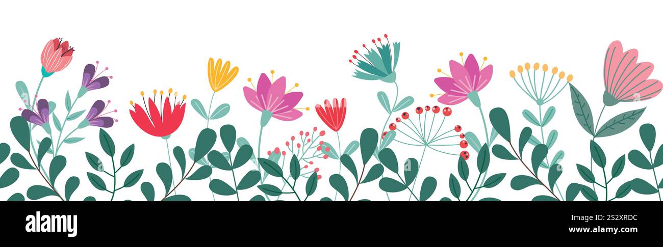 Nahtloses Clipart-Banner mit Frühlingsblumen. Blumenmuster bunte Zeichnung Clip Art für Tapeten, Grüße, Einladung und Scrapbook Hintergrund. Vektor Stock Vektor
