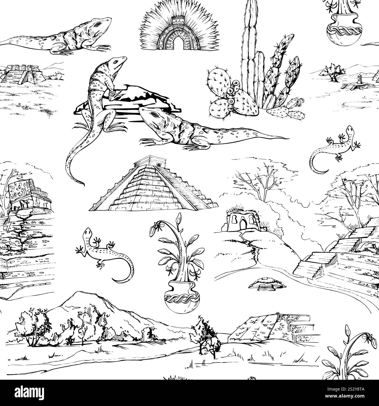 Mexikanische aztekische Pyramidenlandschaft, alte religiöse Schnitzereien Kopfschmuck, Leguan-Eidechsen-Kakteen-Kakao. Handgezeichneter Tintenvektor isolierte Illustration Stock Vektor