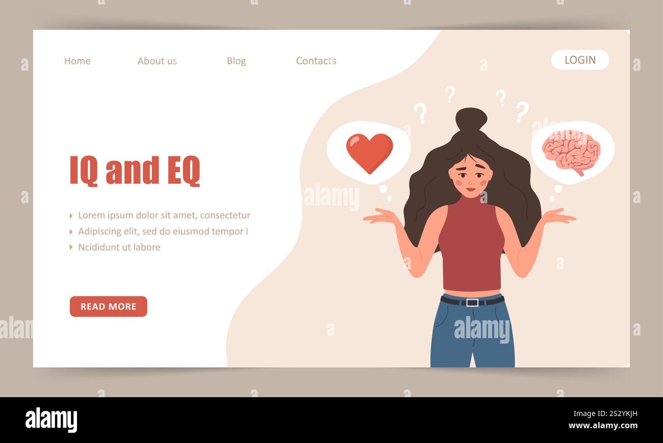 IQ und EQ. Vorlage für Landing-Page. Frau entscheidet sich über Emotionen und Weisheit. Flaches Design. Vektorillustration im Cartoon-Stil. Vektor Stock Vektor