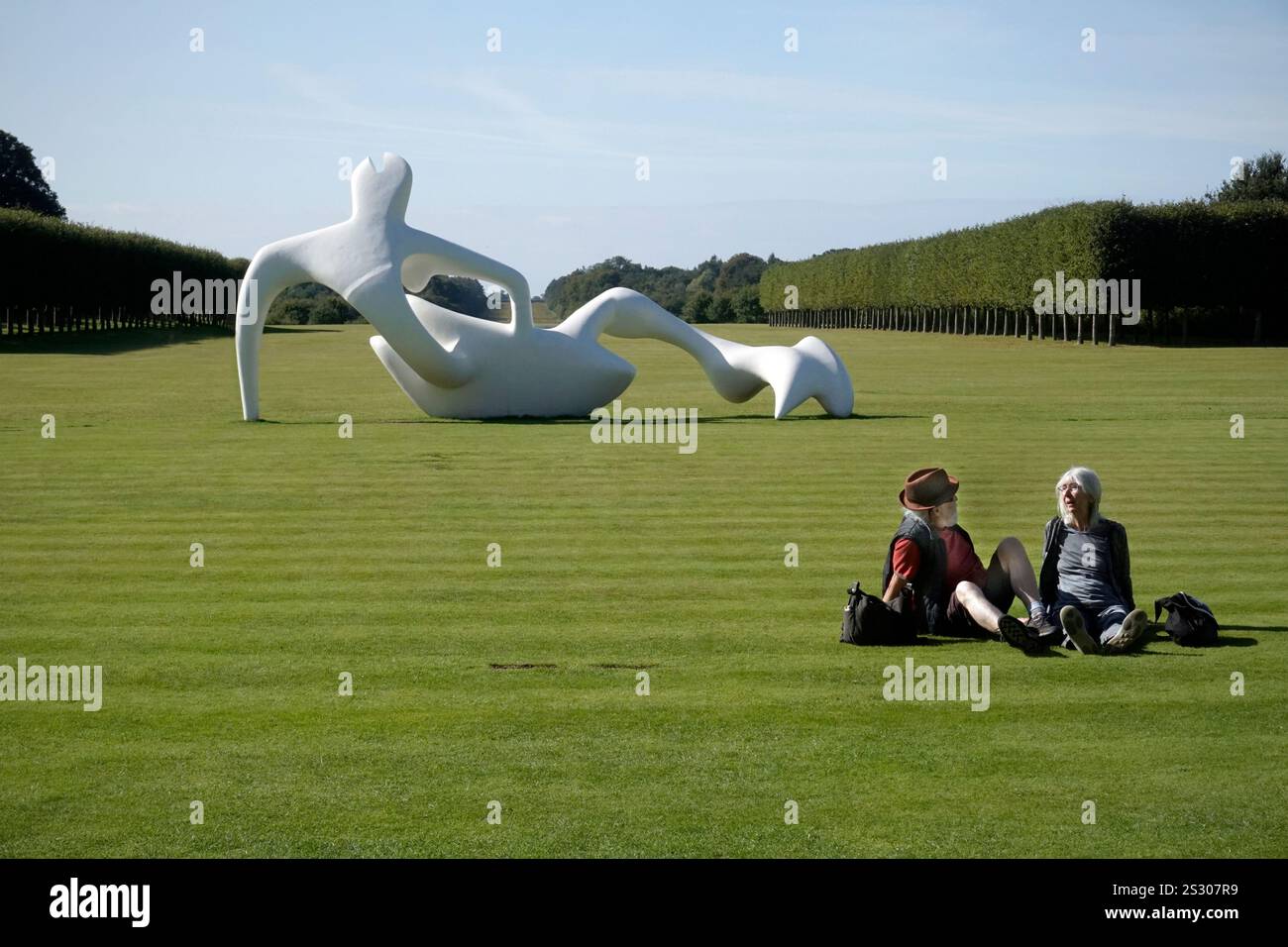 Älteres Ehepaar, das auf Gras sitzt, steht der Skulptur henry moore, die auf Gras sitzt, in norfolk england gegenüber Stockfoto