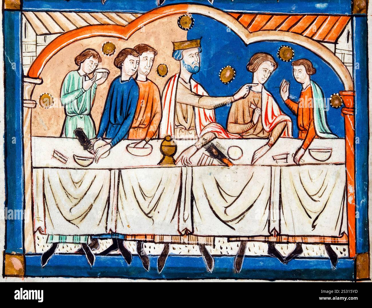 Der Tod von Earl Godwin, König Eduard der Bekenner, fordert Godwin, Earl of Wessex, bei einem königlichen Bankett in Winchester am 15. April 1053 aus einem beleuchteten Manuskript aus dem 12. Jahrhundert, 1100-1199 heraus Stockfoto