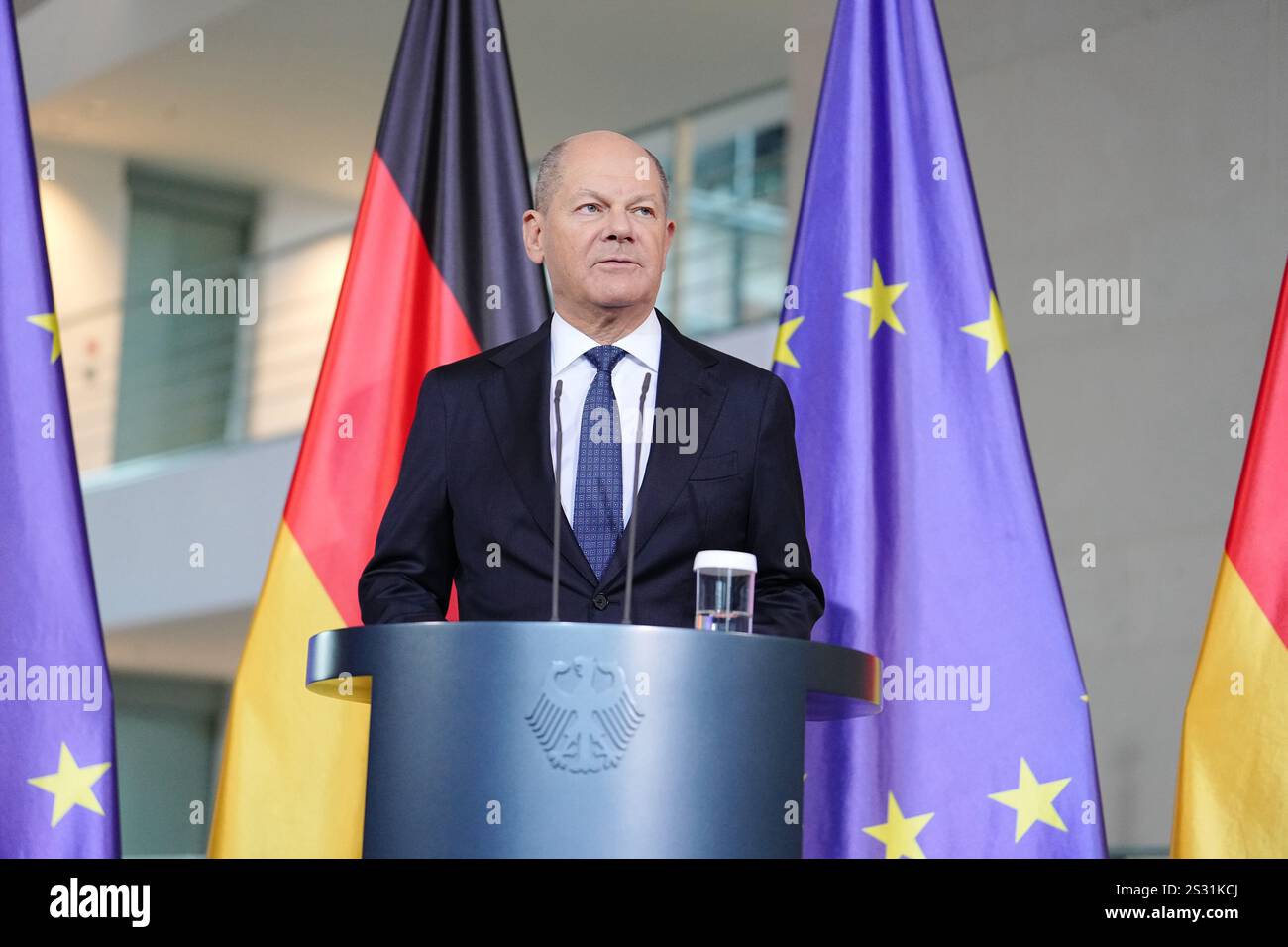 Berlin, Deutschland. Januar 2025. Bundeskanzler Olaf Scholz (SPD) gibt eine Pressemitteilung im Bundeskanzleramt ab. Quelle: Kay Nietfeld/dpa/Alamy Live News Stockfoto