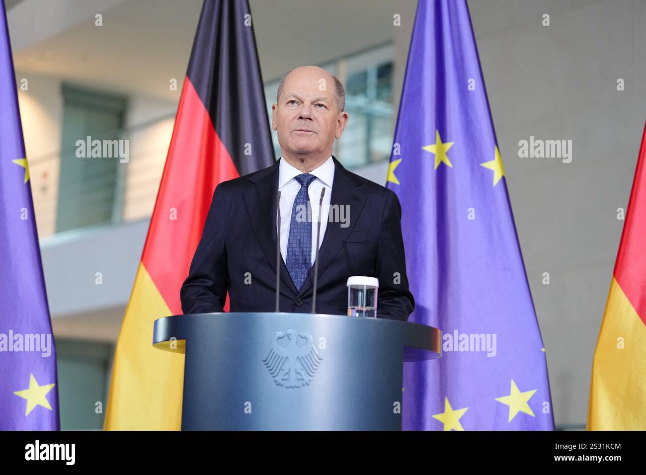 Berlin, Deutschland. Januar 2025. Bundeskanzler Olaf Scholz (SPD) gibt eine Pressemitteilung im Bundeskanzleramt ab. Quelle: Kay Nietfeld/dpa/Alamy Live News Stockfoto