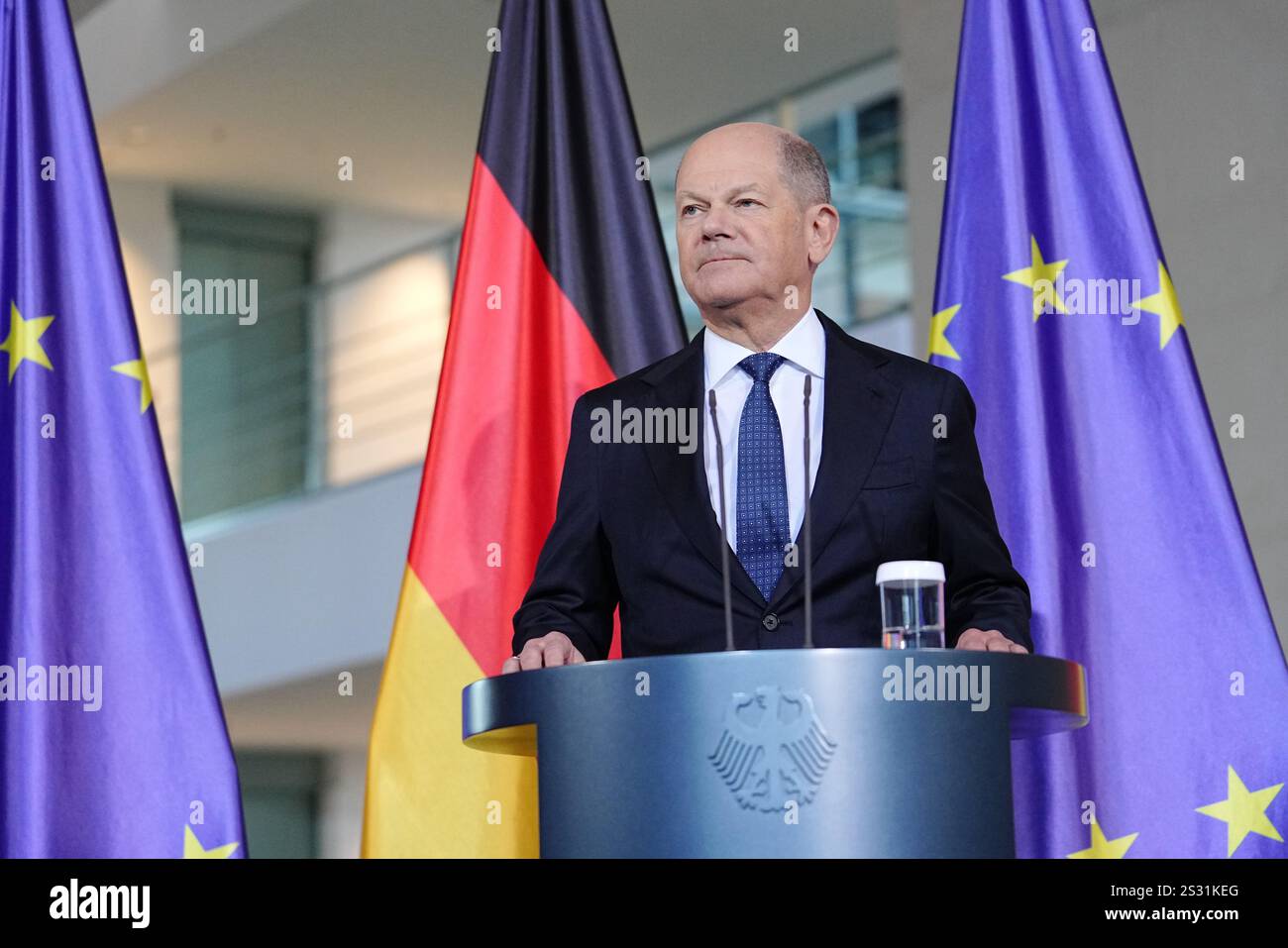 Berlin, Deutschland. Januar 2025. Bundeskanzler Olaf Scholz (SPD) gibt eine Pressemitteilung im Bundeskanzleramt ab. Quelle: Kay Nietfeld/dpa/Alamy Live News Stockfoto