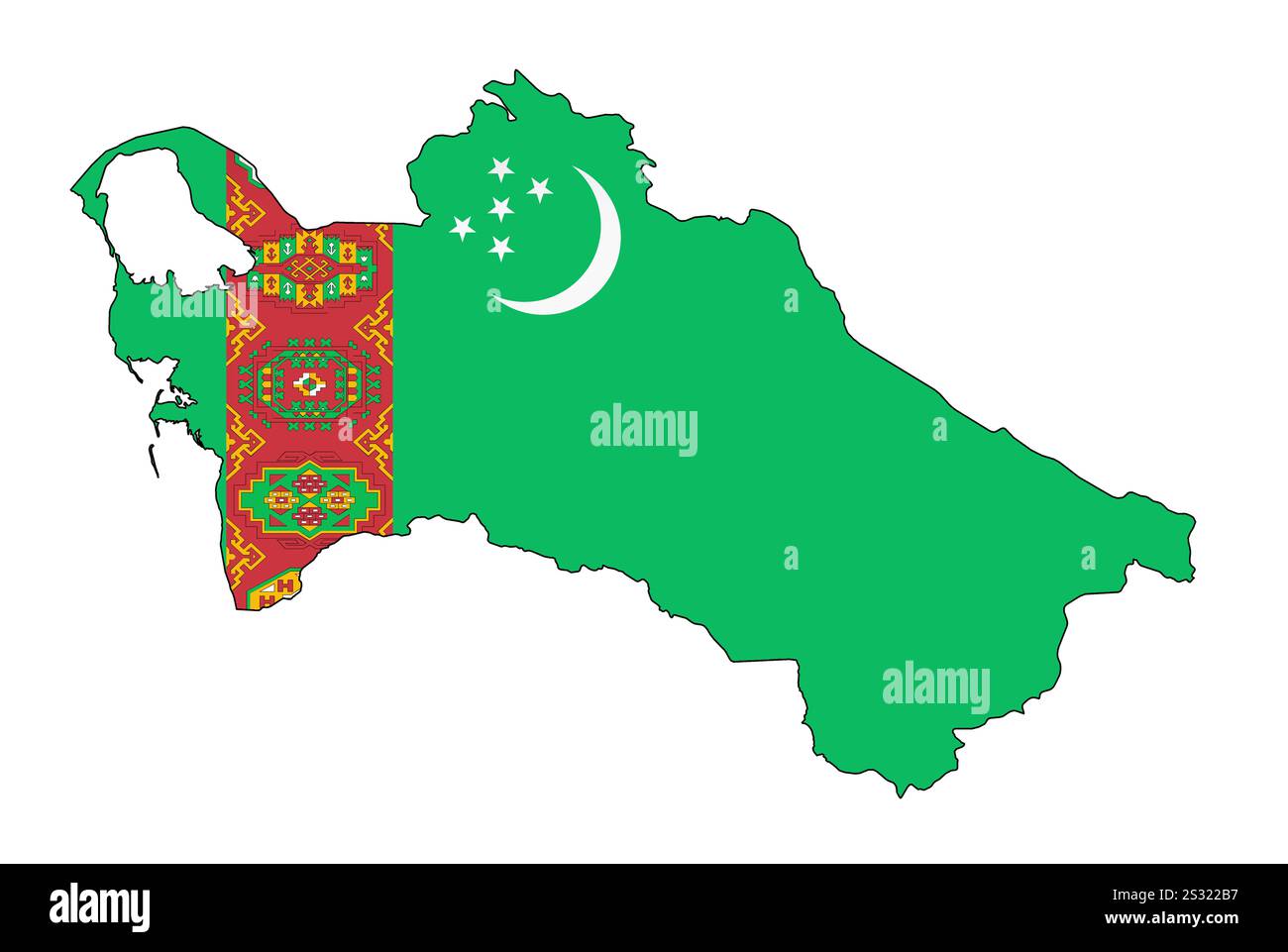 Turkmenistan-Flagge innerhalb der Rahmenlinie der Karte Stockfoto