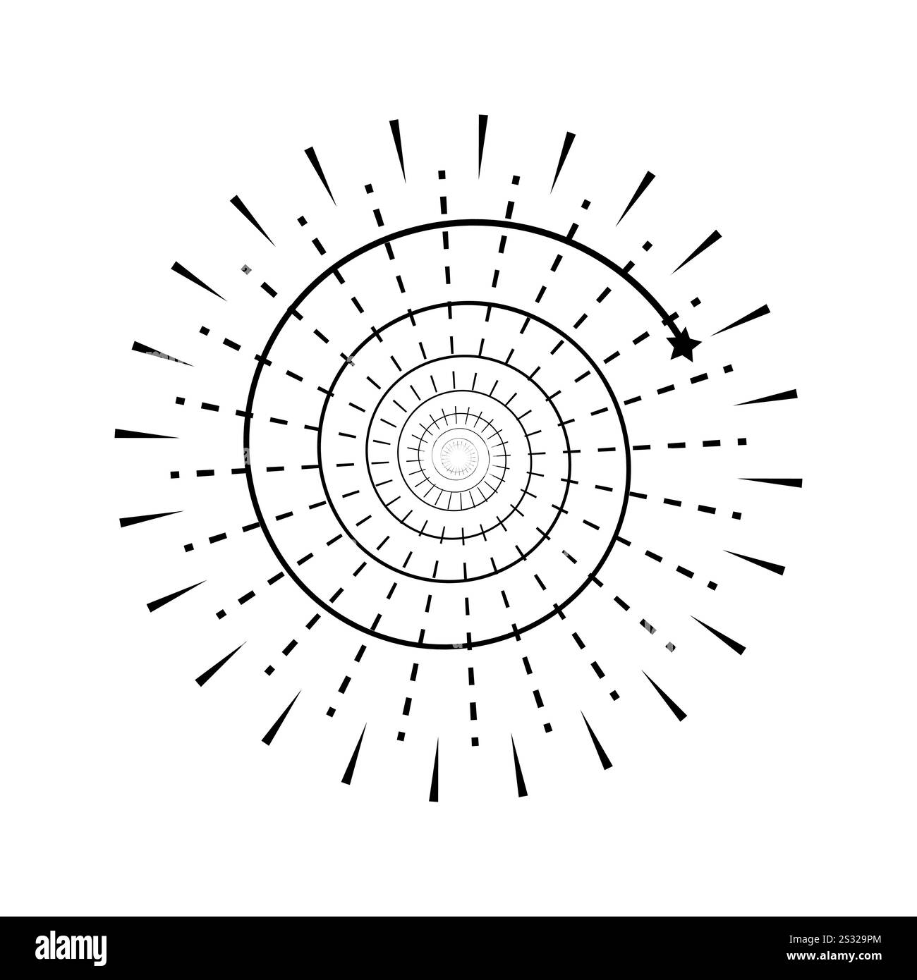 Feuerwerkskörper mit strahlenden Kreisstrahlen. Ausbruchexplosion und Funkenausbruch inspiriert von Sonnenstrahlen. Schwarzes isoliertes minimalistisches Symbol auf weißem Hintergrund Stock Vektor
