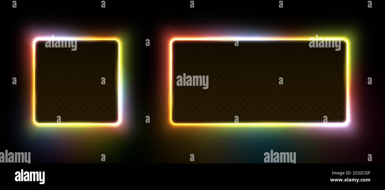 Rechteckige und rechteckige Rahmen mit Neon-Leuchten. Mehrfarbige LED-fluoreszierende Laser isoliert auf schwarzem Hintergrund. Vektor-3D-Illustration. Stock Vektor