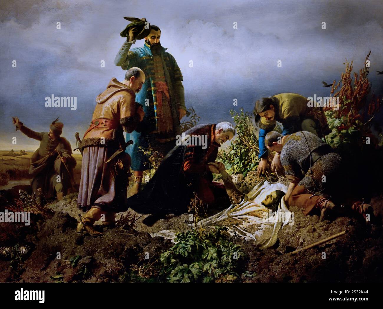 Die Entdeckung des Leichnams König Ludwig II. 1860 durch Bertalan Székely (1835–1910) Kunstmuseum, Ungarn, verewigt durch den ungarischen Maler Bertalan Székely. Laut Wikipedia wurde fast die gesamte ungarische königliche Armee in fast zwei Stunden auf dem Schlachtfeld zerstört. Stockfoto