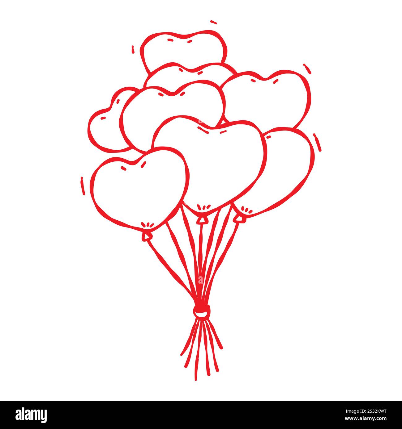 Ein Haufen herzförmiger Ballons, handgezeichnete Illustration im Doodle-Stil. Stock Vektor