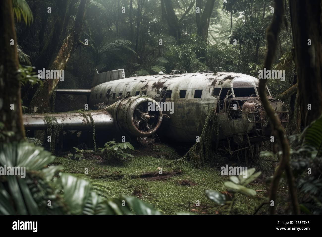 Flugzeugunfall-Dschungel. Grasgrün tropisch. Ai Generieren Stockfoto