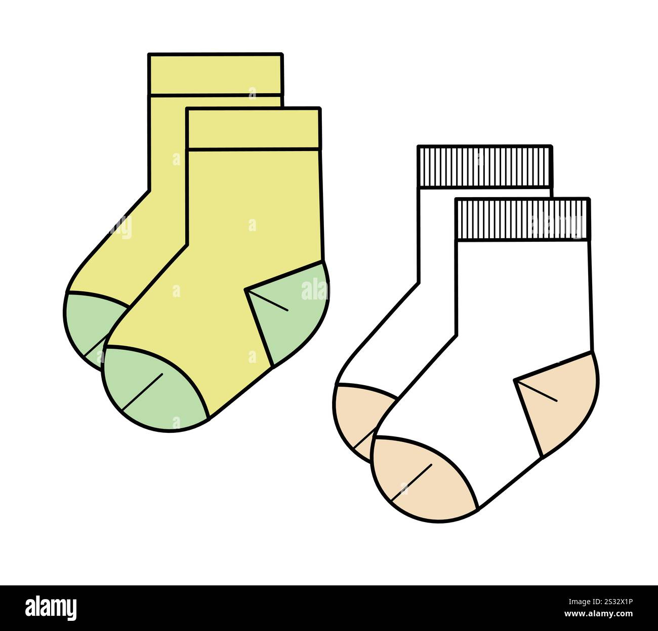 Baby Footprint Socken Vektor Design Mockup Vorlage technische flache Skizze. Stock Vektor