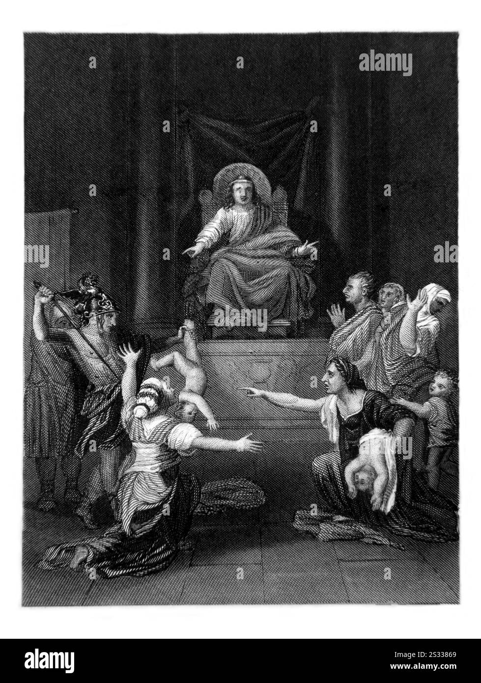 Illustration des Urteils Salomos - zwei Mütter, die im selben Haus lebten, hatten jeweils ein Kind, eines war gestorben und jede Mutter argumentierte, dass sie leben würde Stockfoto