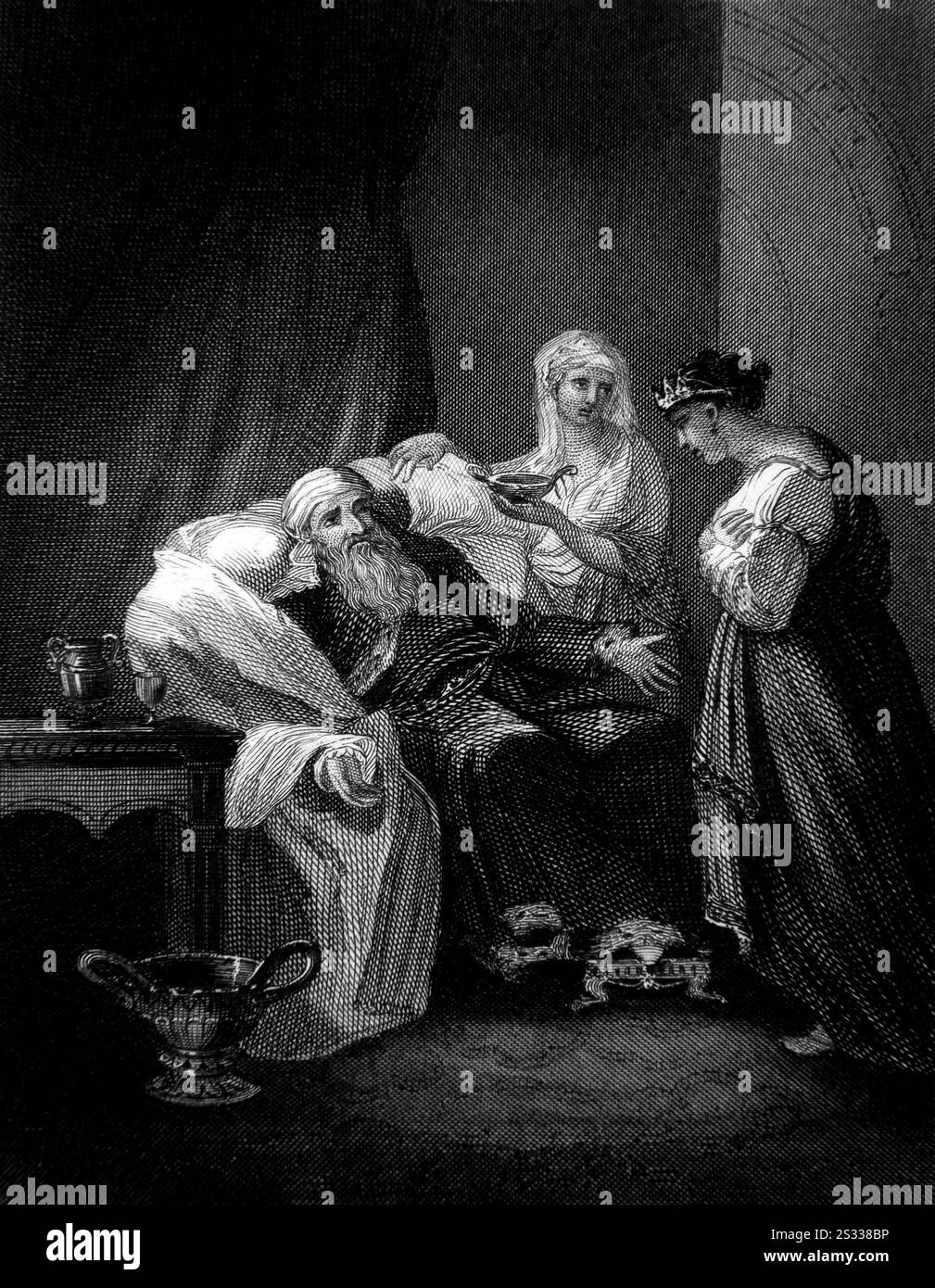 Stahlgravierung von David, Bathseba und Salomo – Bathseba sicherte Salomos Thronfolge erfolgreich, während David auf seinem Sterbebett lag (K Stockfoto