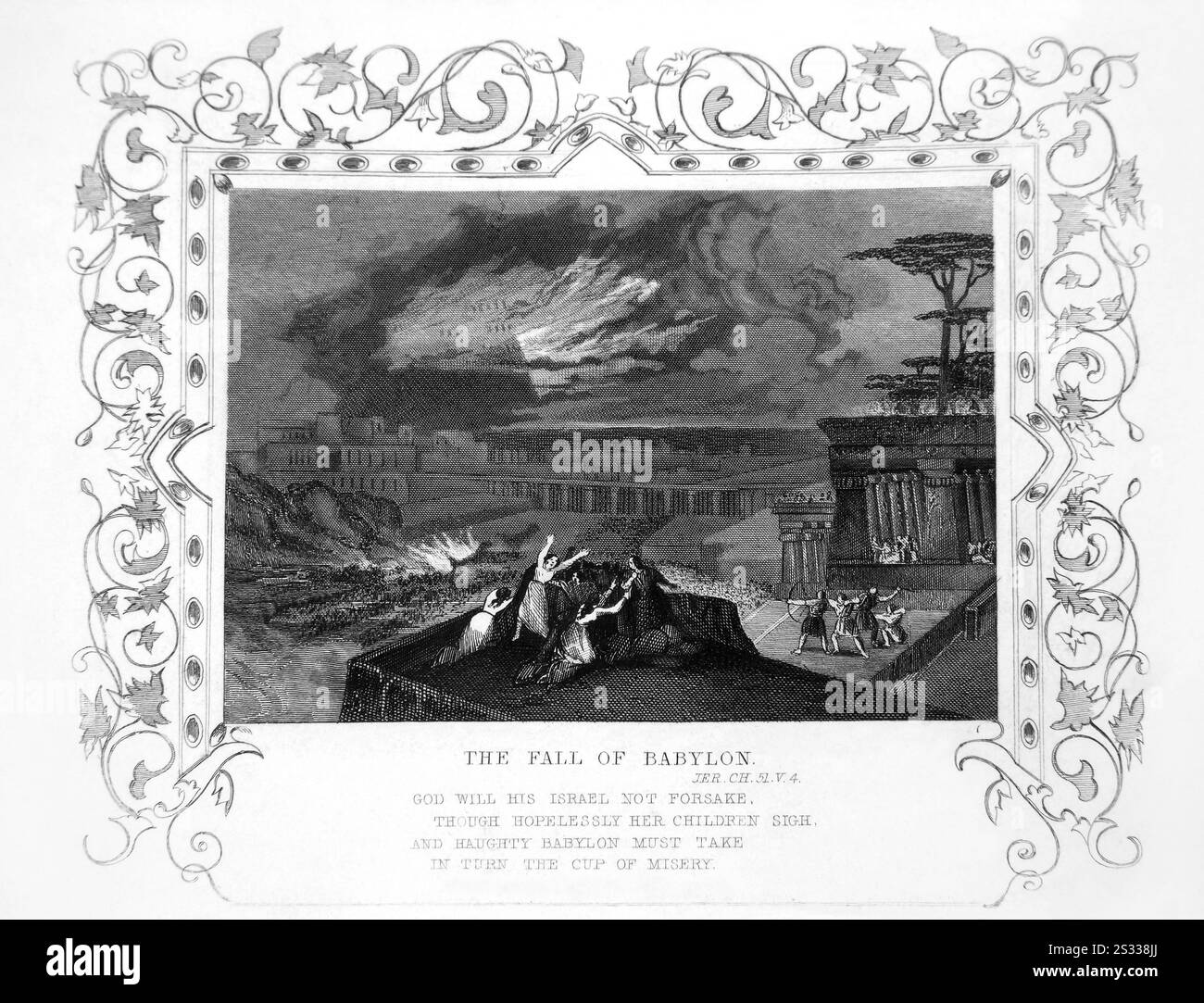 Stahlgravur des Falls von Babylon (Jeremia) aus der 1851 Tallis illustrierten Schrift Geschichte zur Verbesserung der Jugend Stockfoto