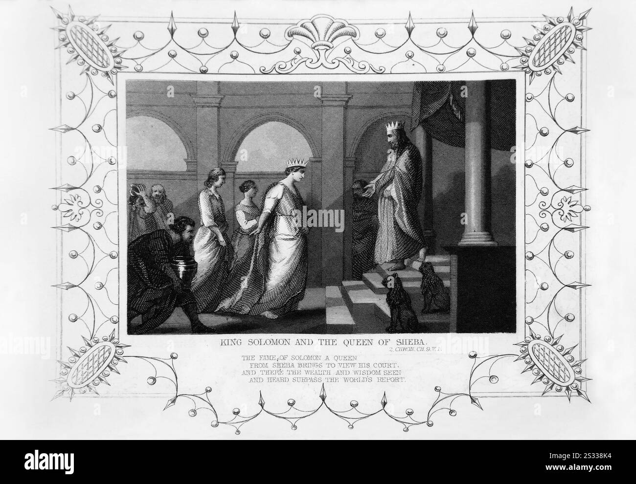 Stahlgravierung des Besuchs der Königin von Saba bei König Salomo und sie kam nach Jerusalem Gewürze, Gold und Edelsteine von der Tallis Ill 1851 Stockfoto