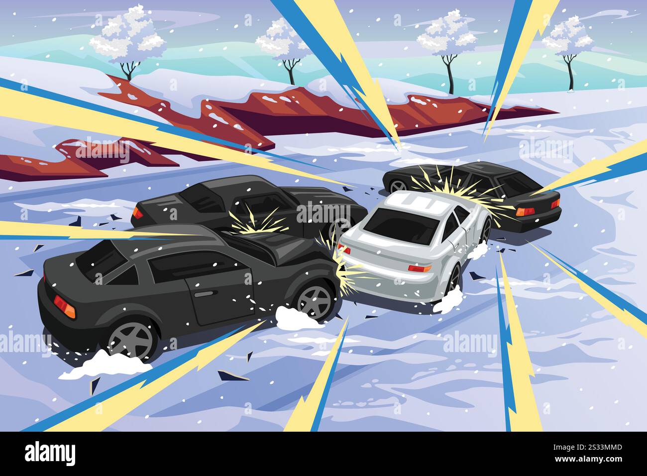 Vektorillustration eines Mehrwagenunfalls auf der Icy Winter Road Stock Vektor