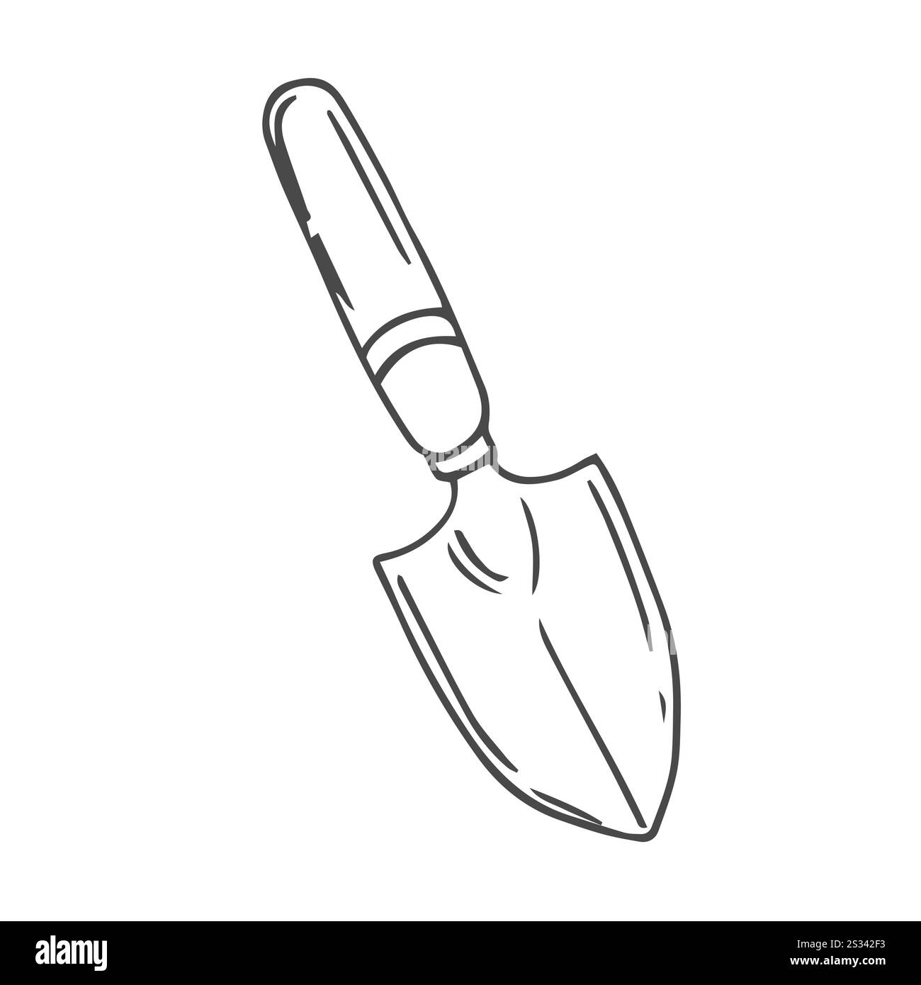 Gartenarbeit, Schaufel und Rechen. Schwarz-weiß-Illustration, handgezeichnete Färbung. Stock Vektor