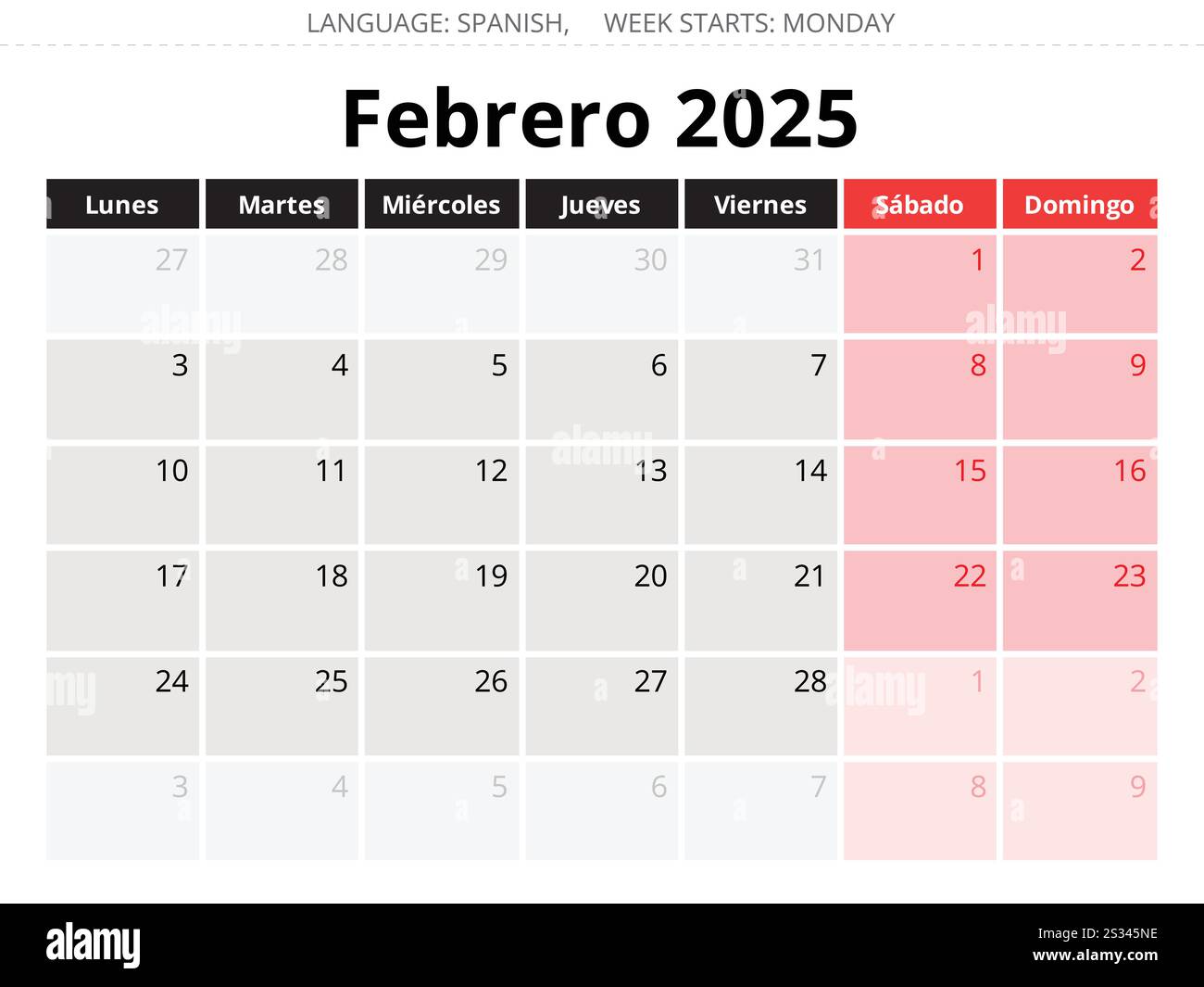 2025 Spanisch Monatskalender februar - febrero. Vektorillustrationen für den Monat für Spanien Stock Vektor