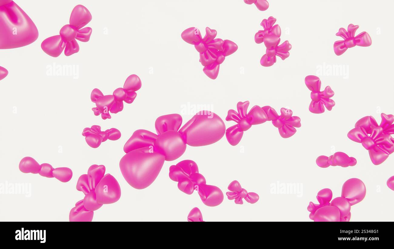 Abstrakte 3D-Hintergründe fallende Bögen Bänder niedlich mädchenrosa Farben polierte metallische Konfetti-Partikel Valentinstag Love-Ereignis festlich horizontal Stockfoto