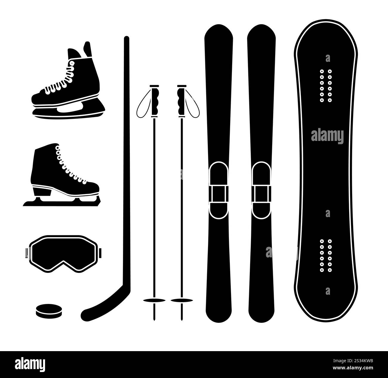 Vektor-Set-Bündel schwarzer flacher Wintersportausrüstung isoliert auf weißem Hintergrund Stock Vektor