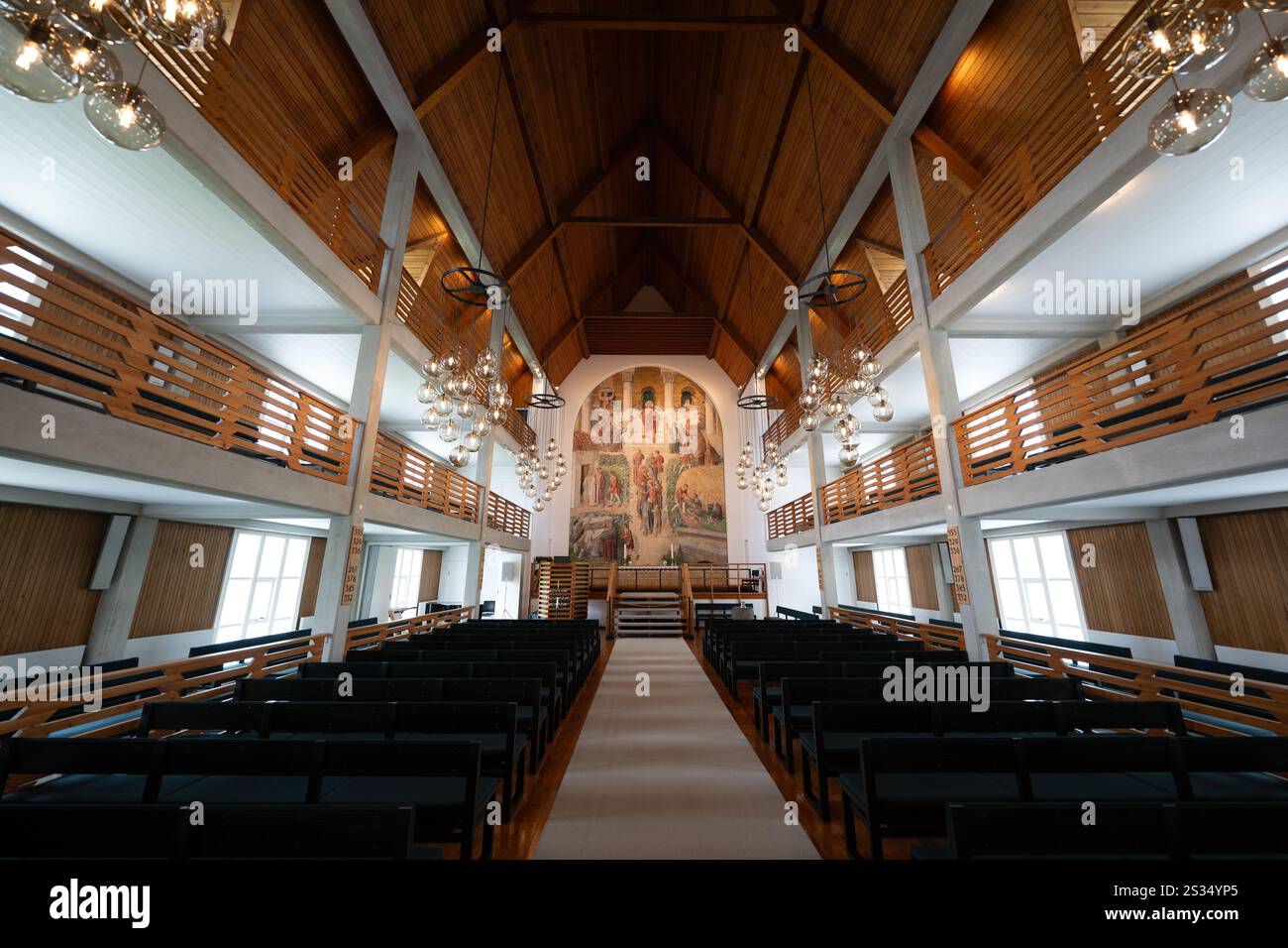 Klaksvik, Färöer-Inseln - 24. Juli 2024: Kirche Christianskirkjan in Klaksvik - Färöer-Inseln Stockfoto