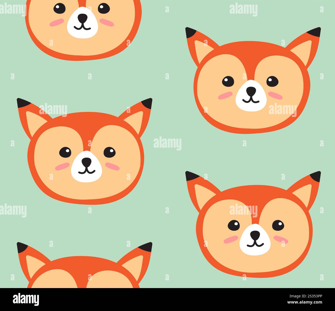 Vektor nahtloses Muster von Hand gezeichnetem Doodle Flat Cartoon Fuchs Gesicht isoliert auf mintgrünem Hintergrund Stock Vektor