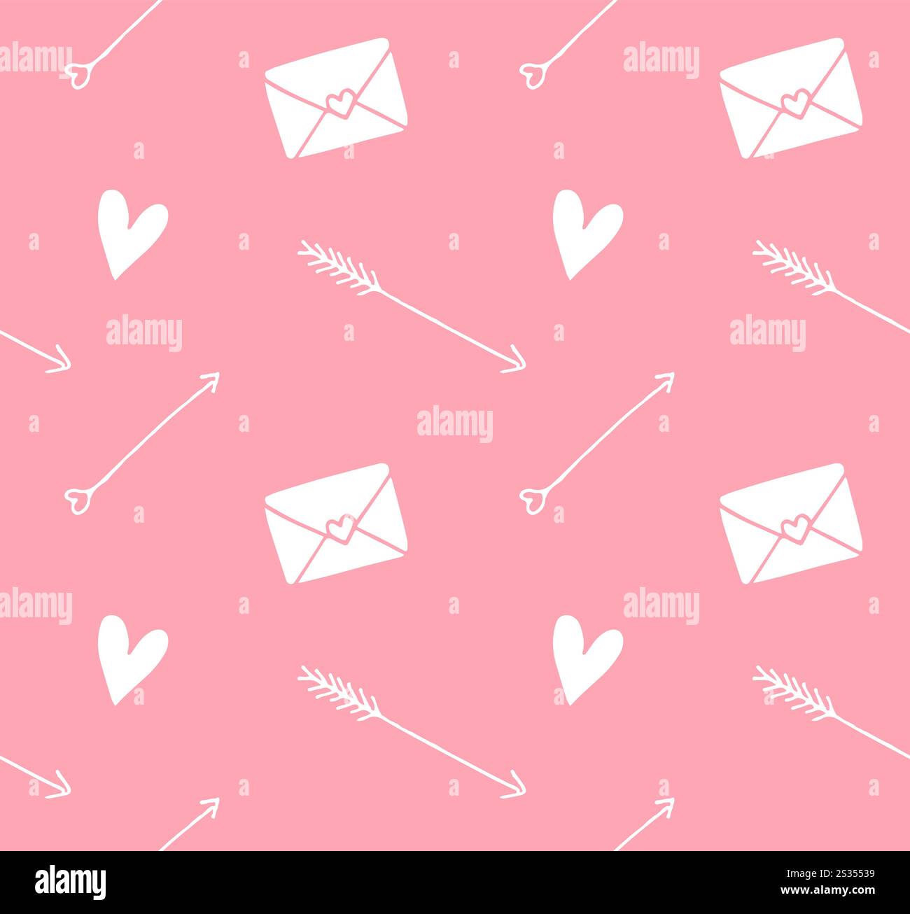 Nahtloses Vektor-Muster der verschiedenen Valentinstag-Herzen Pfeile und Buchstaben isoliert auf rosa Hintergrund Stock Vektor