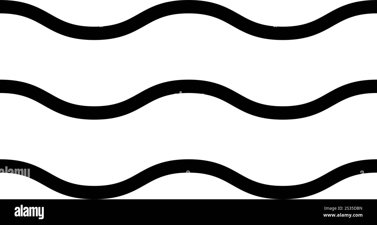 Symbol Kurven. Wassersymbol. Wellige parallele horizontale schwarze Linien isoliert auf weißem Hintergrund. Ozean-, Meer-, Fluss- oder Seeschild. Piktogramm Luft, Wind oder Strömung. Vektorgrafik. Stock Vektor
