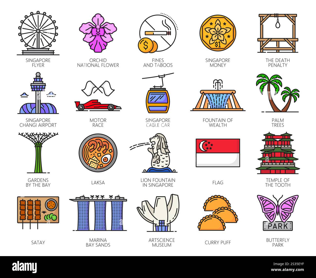 Singapur Reise-Wahrzeichen und Urlaubs-Ikonen von Attraktionen und Sehenswürdigkeiten, Vektorsymbole. Singapur-Tourismus, Flyer-Aussichtsrad, Löwenbrunnen und Tempel mit Flagge und nationaler Orchideenblume Stock Vektor